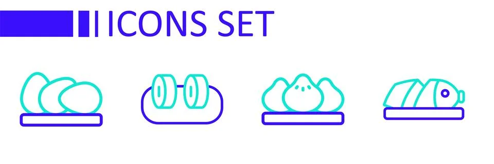 Set line Fish with sliced pieces, Dumpling, Sushi and Chicken egg icon. Vecto Stock Illustration