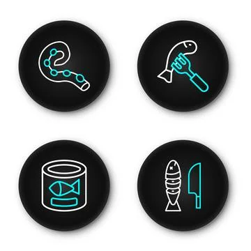 Set line Fish with sliced pieces, Canned fish, Served on plate and Octopus .. Stock Illustration