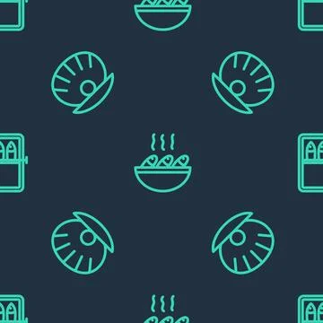 Set line Fish soup, Shell with pearl and Canned fish on seamless pattern. V.. Stock Illustration