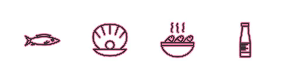 Set line Fish, soup, Shell with pearl and Sauce bottle icon. Vector Illustrazione stock