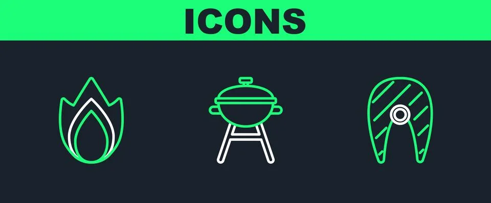 Set line Fish steak, Fire flame and Barbecue grill icon. Vector Stock Illustration