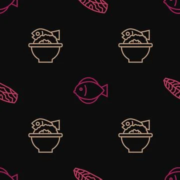 Set line Fish steak, Served fish on bowl and on seamless pattern. Vector イラスト素材