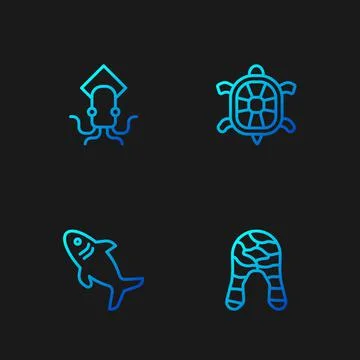 Set line Fish steak, Shark, Octopus and Turtle. Gradient color icons. Vector Stock Illustration