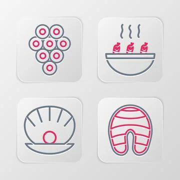 Set line Fish steak, Shell with pearl, Soup shrimps and Caviar icon. Vector Illustrazione stock