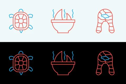 Set line Fish steak, Turtle and Shark fin soup icon. Vector Stock Illustration