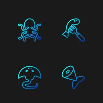 Set line Fish tail, Stingray, Octopus and Served fish on plate. Gradient color Stock Illustration