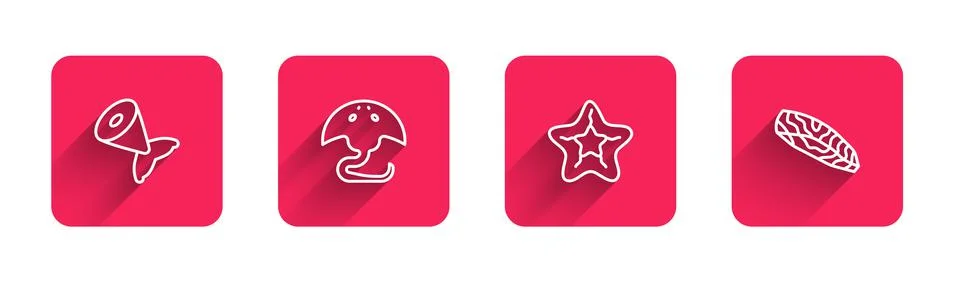 Set line Fish tail, Stingray, Starfish and steak with long shadow. Red square Stock Illustration