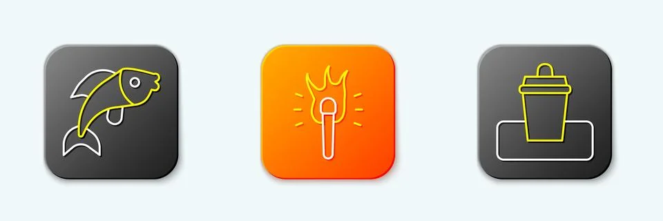 Set line Fish, Torch flame and Trash can icon. Vector Stock Illustration