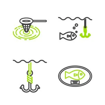 Set line Fish trophy hanging on the board Fishing hook under water with fish  Stock Illustration