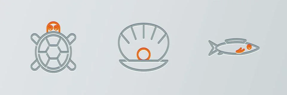 Set line Fish, Turtle and Shell with pearl icon. Vector Illustrazione stock