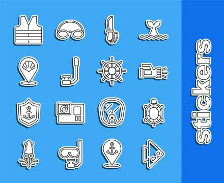 Set line Fish, Turtle, Flashlight, Knife, Snorkel, Scallop sea shell, Life Illustrazione stock