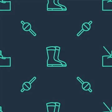 Set line Fishing boots, float and water on seamless pattern. Vector 스톡 일러스트