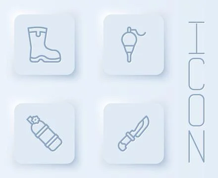 Set line Fishing boots, float, Aqualung and Knife. White square button. Vector Stock Illustration
