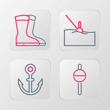 Set line Fishing float, Anchor, water and boots icon. Vector Stock Illustration