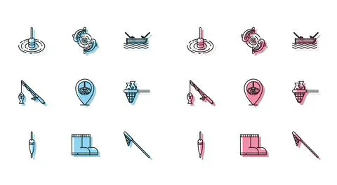 Set line Fishing float, boots, water, net, Location fishing, with, rod and and Stock Illustration