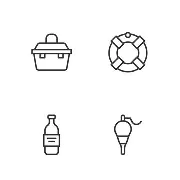 Set line Fishing float, Bottle of vodka, Case or box for fishing equipment and Stock Illustration