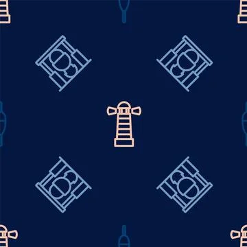 Set line Fishing float, Campfire and pot and Lighthouse on seamless pattern イラスト素材