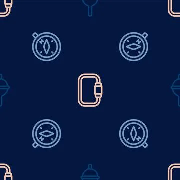 Set line Fishing float, Compass and Carabiner on seamless pattern. Vector Stock Illustration