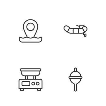 Set line Fishing float, Electronic scales, Location fishing and Inflatable bo Stock Illustration