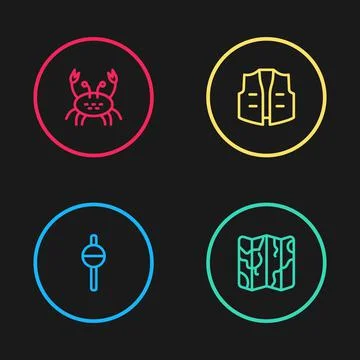 Set line Fishing float, Folded map, jacket and Crab icon. Vector 库存插图