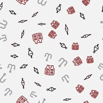 Set line Fishing float, hook and jacket on seamless pattern. Vector Illustrazione stock