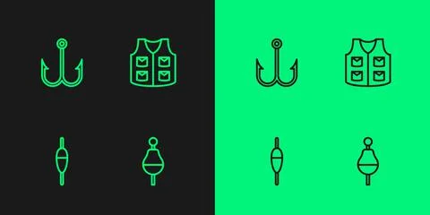 Set line Fishing float, hook and jacket icon. Vector Stock Illustration