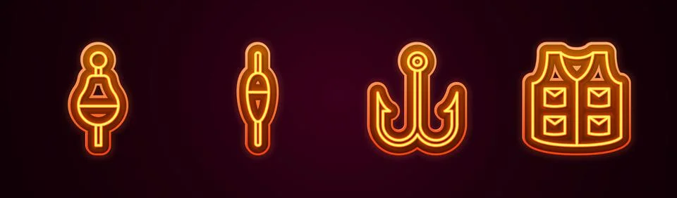 Set line Fishing float, hook and jacket. Glowing neon icon. Vector Stock Illustration