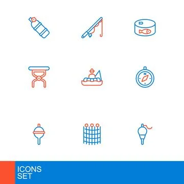 Set line Fishing float, net pattern, Compass, Camping folding chair, Fisher.. Illustrazione stock