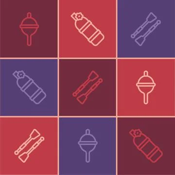 Set line Fishing float, Oars or paddles boat and Aqualung icon. Vector Stock Illustration