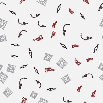 Set line Fishing float, rod, Campfire and pot and harpoon on seamless pattern 스톡 일러스트