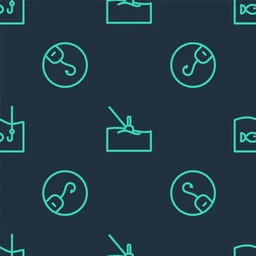 Set line Fishing float in water, hook and with fish on seamless pattern. Vector Illustrazione stock