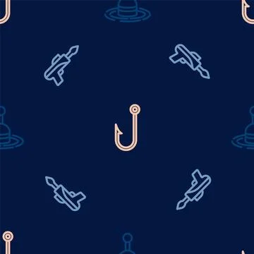 Set line Fishing float in water, harpoon and hook on seamless pattern. Vector Stock Illustration