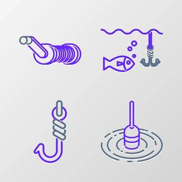 Set line Fishing float in water, hook, under with fish and Spinning reel fo.. Stock Illustration