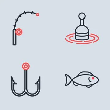 Set line Fishing float in water,  and rod icon. Vector Stock Illustration