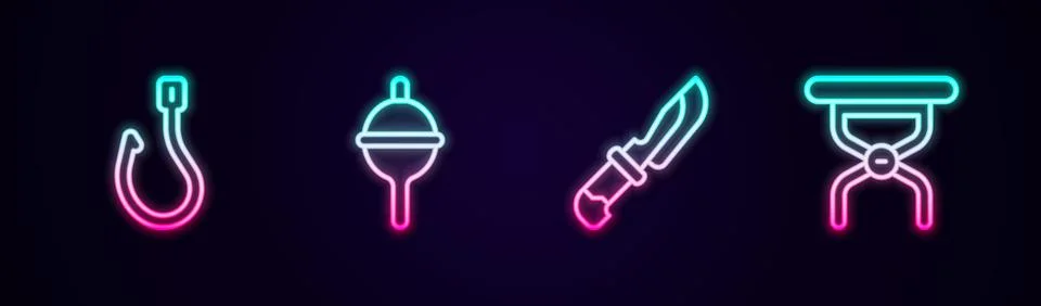 Set line Fishing hook, float, Knife and Camping folding chair. Glowing neon icon Stock Illustration