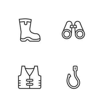 Set line Fishing hook, jacket, boots and Binoculars icon. Vector Stock Illustration