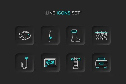 Set line Fishing hook Lighthouse finder echo sounder Fisherman Case or box fo Illustrazione stock