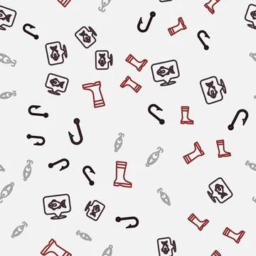 Set line Fishing hook, Location fishing, lure and boots on seamless pattern Stock Illustration