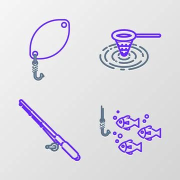 Set line Fishing hook under water with fish, rod, net and spoon icon. Vector Illustrazione stock
