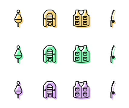 Set line Fishing jacket, float, Inflatable boat with motor and rod icon. Vect Stock Illustration