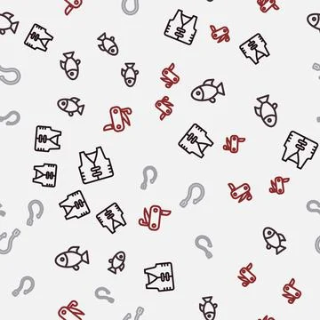 Set line Fishing jacket, hook and Swiss army knife on seamless pattern. Vector Stock Illustration