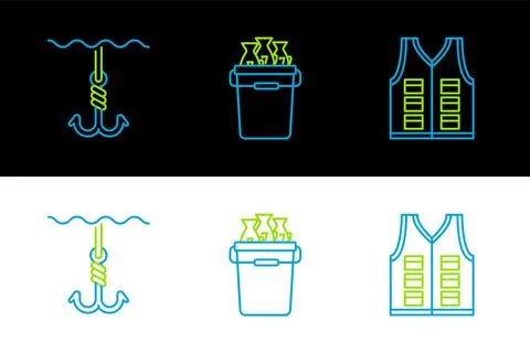 Set line Fishing jacket, hook under water and bucket with fishes icon. Vector Stock Illustration