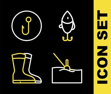 Set line Fishing lure, float water, boots and hook icon. Vector Stock Illustration