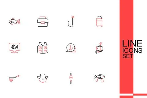 Set line Fishing lure, float, Dried fish, net, hook and worm, jacket and Lo.. Stock Illustration