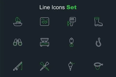Set line Fishing net, float, Crossed oars or paddles boat, rod, hook, lure,.. Stock Illustration