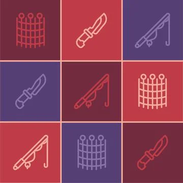 Set line Fishing net pattern, rod and Knife icon. Vector Stock Illustration