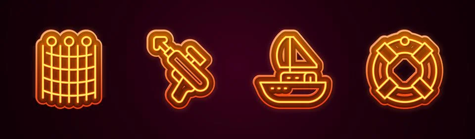 Set line Fishing net pattern, harpoon, Yacht sailboat and Lifebuoy. Glowing neon Illustrazione stock