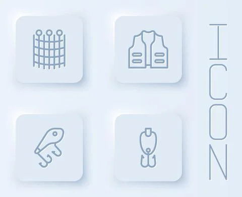 Set line Fishing net pattern, jacket, lure and . White square button. Vector イラスト素材