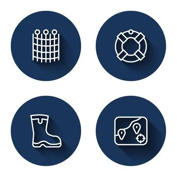 Set line Fishing net pattern, Lifebuoy, boots and Location fishing with long Stock Illustration
