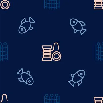 Set line Fishing net pattern, and Spinning reel for fishing on seamless pattern Stock Illustration